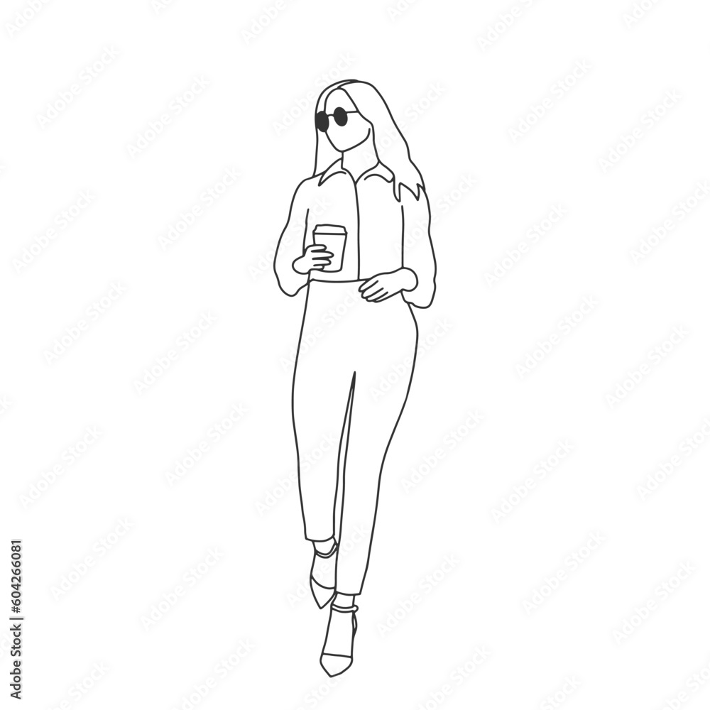 Continuous line, business woman, young woman walking with a cup of coffee hand drawn illustration vector Continuous line, business woman, young woman walking with a cup of coffee hand drawn illustration vector