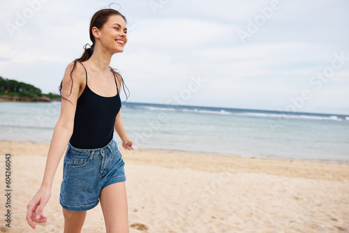 summer woman beach flight sunset lifestyle smile young sea running travel