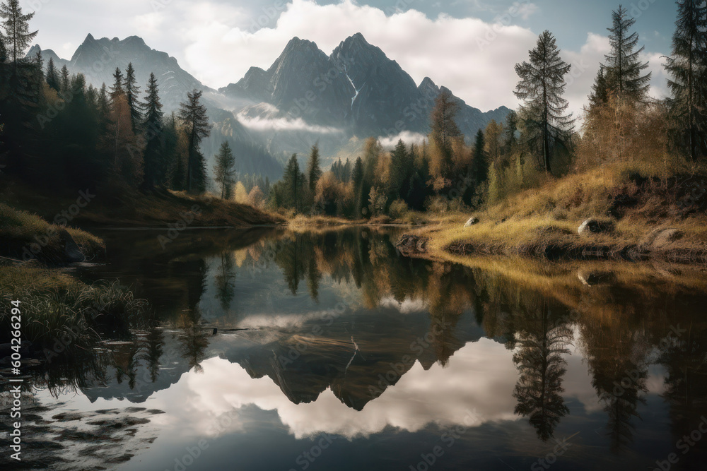 Panoramic view of a mountain lake in a natural landscape. Generative AI