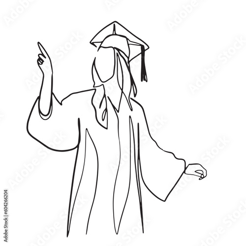 line art cartoon graduation character woman wearing a graduation gown The concept of study, college, degree certificate
  illustration vector hand drawn