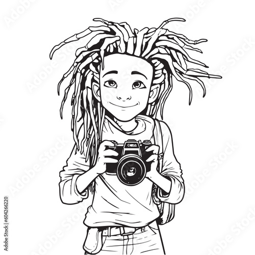 Cute boy with photocamera in his hands, photographer with dreadlocks, young guy, line art vector illustration, black on white background, isolated