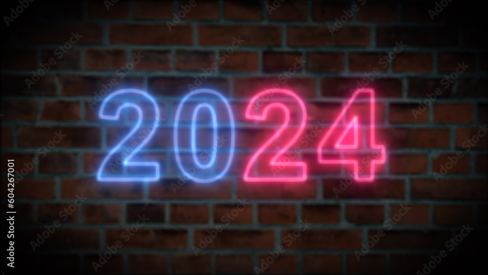Glowing neon sign with 2024 on brick wall background. 3D rendering Glowing neon sign with 2024 on brick wall background. 3D rendering