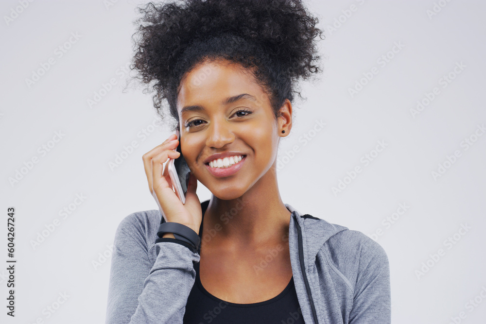 Phone call, smile and portrait of black woman talking in studio isolated on a white background with mockup. Cellphone, happy and face of African female person in communication, speaking or discussion Phone call, smile and portrait of black woman talking in studio isolated on a white background with mockup. Cellphone, happy and face of African female person in communication, speaking or discussion