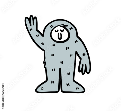 Friendly bigfood waving rising up hand and greetings. Vector illustration of wild character from legends. Isolated hand drawn image on white background.
