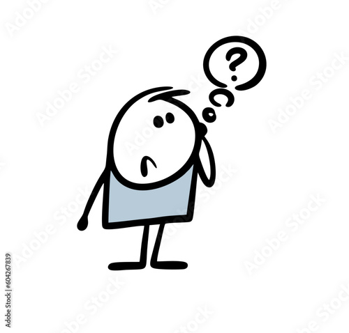 Puzzled men with comics text bubble and question mark. Vector illustration of confused doodle stickman.