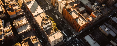 Captivating aerial view of urban landscape with striking shadows from tall buildings on streets below during golden hour, accentuating contrasts and evoking emotions. Generative AI