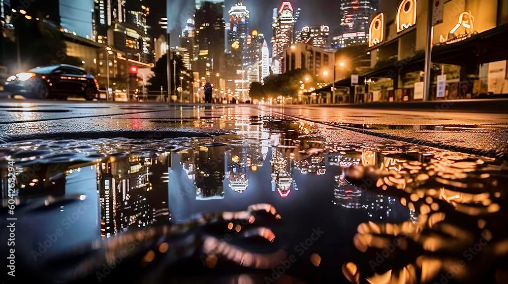 The lights of the big city from skyscrapers and cars are reflected in a dark puddle at night, made with generative ai