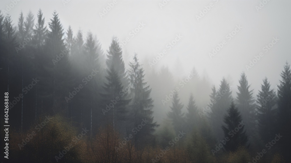 Foggy forest in the mountains. Generative AI. 