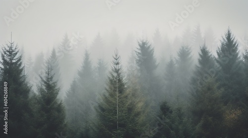 Foggy forest in the mountains. Generative AI.  © XtravaganT
