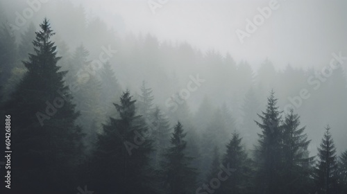 Foggy forest in the mountains. Generative AI.  © XtravaganT