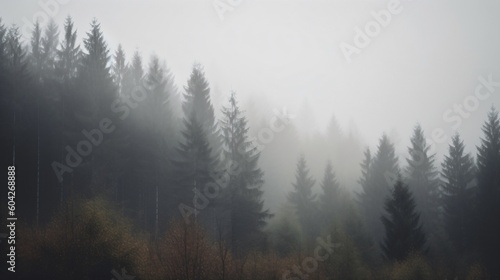 Foggy forest in the mountains. Generative AI. 