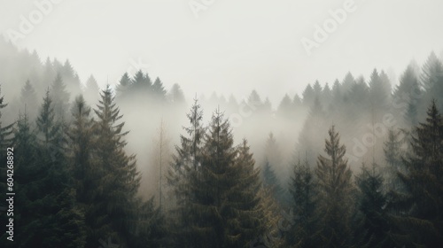 Foggy forest in the mountains. Generative AI. 