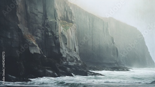 Waves Breaking Below Rugged Sea Cliffs. Generative AI. © XtravaganT