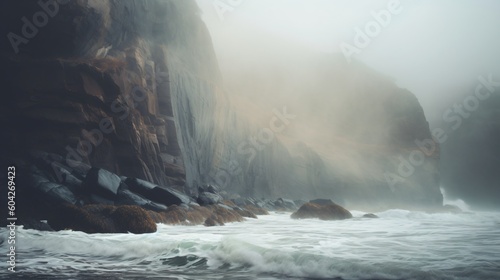 Waves Breaking Below Rugged Sea Cliffs. Generative AI. © XtravaganT