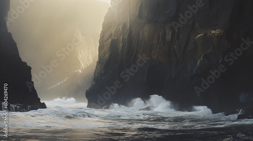 Waves Breaking Below Rugged Sea Cliffs. Generative AI.