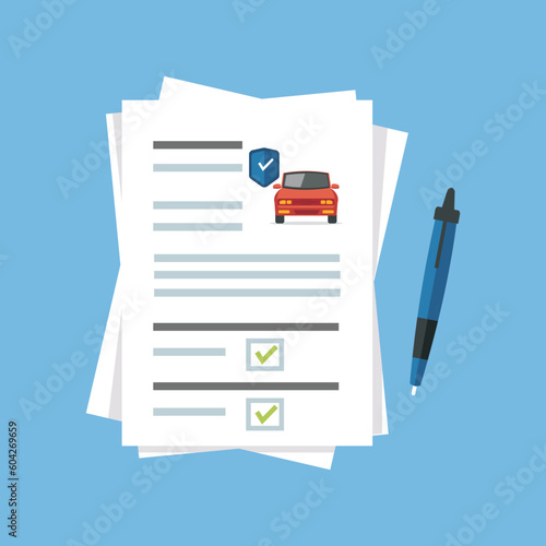 Car insurance document report vector illustration. Agreement checklist or approved loan form sheet list with green check mark and car icon. Finance or vehicle law deal concept.