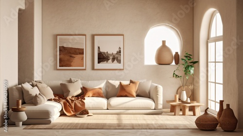 Boho Living Room Interior. Designed using Generative AI