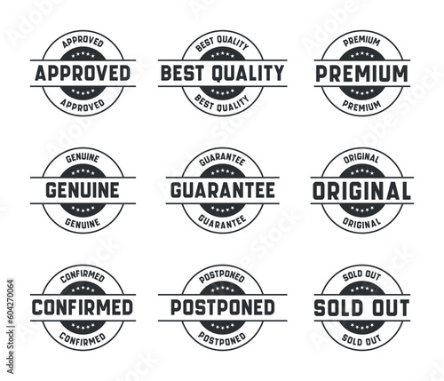 Stamp design set - premium quality, guaranteed, approved, sold out, postponed, confirmed, genuine, original.

