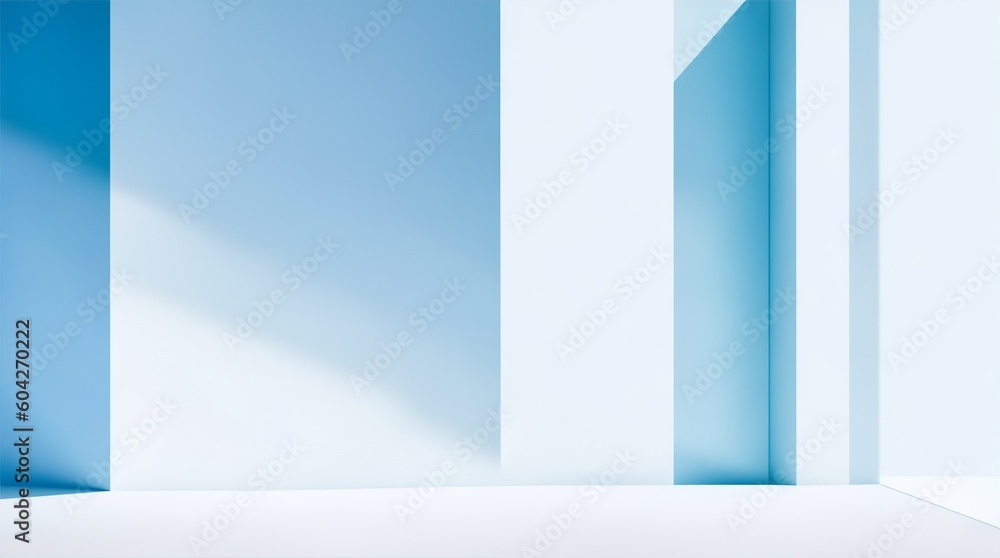 Light minimalist geometric background image in gray and light blue tones with light and shadow from window for product presentation, generative ai Light minimalist geometric background image in gray and light blue tones with light and shadow from window for product presentation, generative ai
