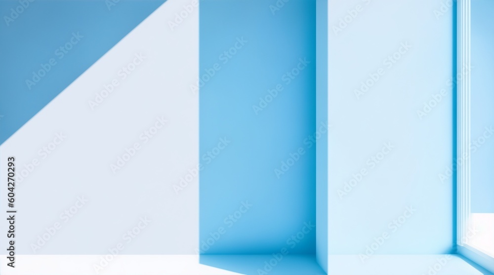 Light minimalist geometric background image in gray and light blue tones with light and shadow from window for product presentation, generative ai