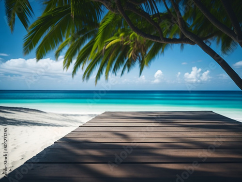 Wooden deck on tropical beach with coconut palm tree at Seychelles. AI generated.