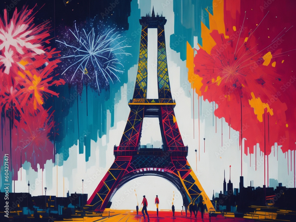Eiffel Tower and Fireworks in Paris. Colorful illustration. AI generated.