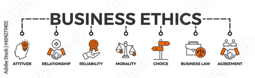 Business ethics banner web icon vector illustration concept with icon of attitude, relationship, reliability, morality, choice, business law and agreement