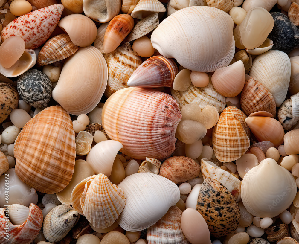 Background from different sea shells close up.
