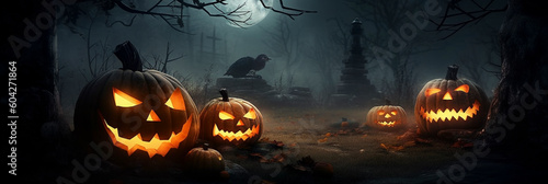 Halloween pumpkins in a graveyard with a full moon in the background, banner.ai