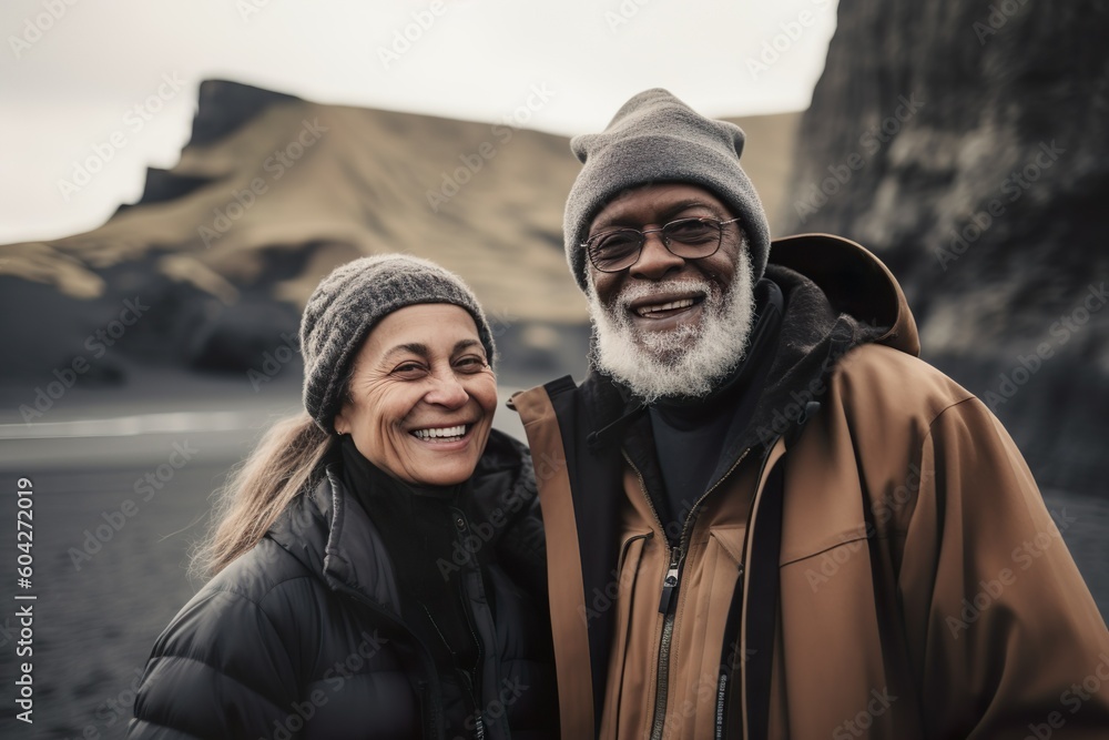 AI-Generated image of a senior couple travelling and hiking together in a mountain landscape