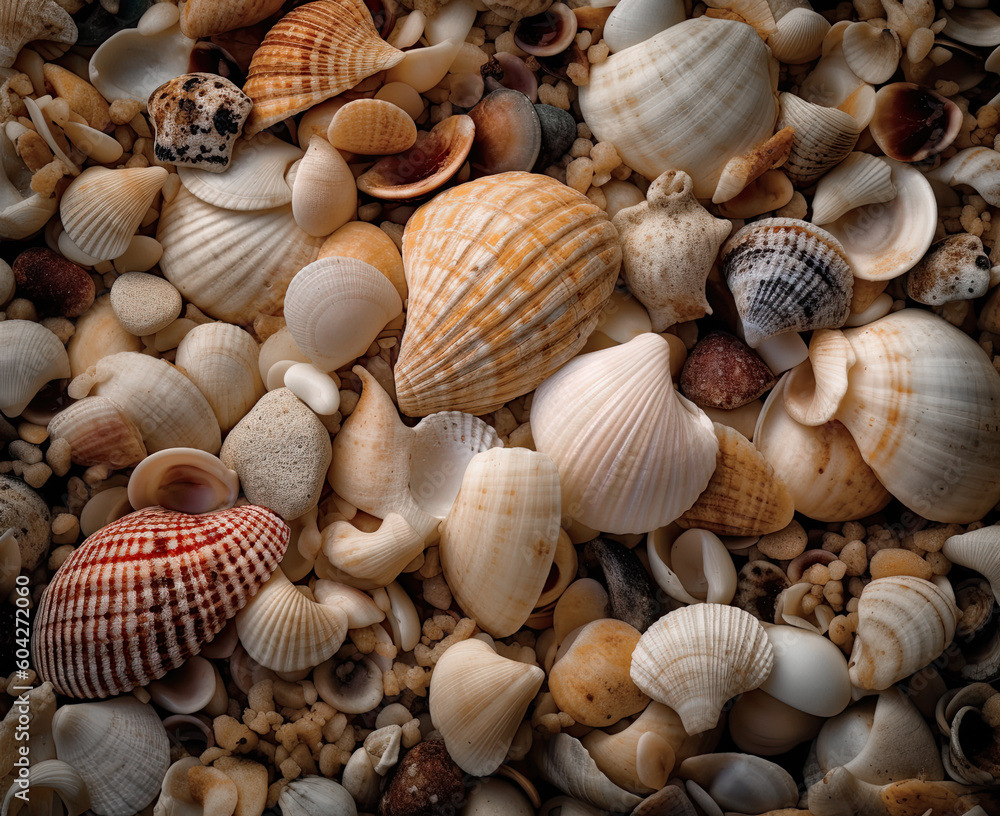 Background from different sea shells close up.