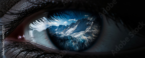 Stunning eye close-up captures breathtaking snowy mountain reflections, with sunlight warming icy peaks, evoking awe and introspection. License now for a unique visual experience! Generative AI
