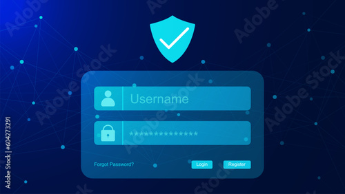 Login form with shield security and dots and lines connection for data protection, policy privacy and encryption concept background