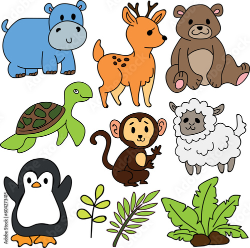 Set of funny doodle wild animals clipart with colors   yellow  red  blue  brown  and black
