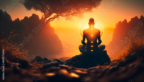 Yoga silhouette of human in cosmic space meditate with sun light. Back view man practicing meditation. Generation AI © Adin