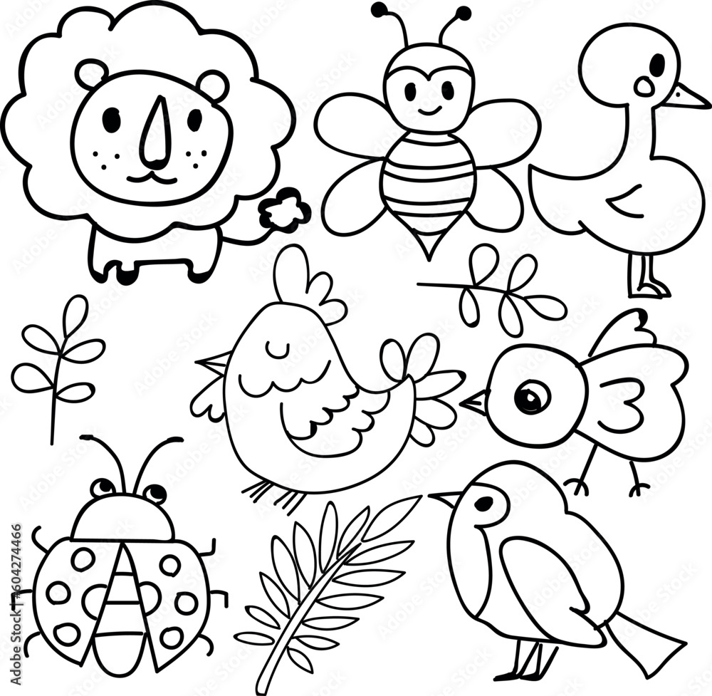 Set of outline doodle animals and birds clipart Set of outline doodle animals and birds clipart