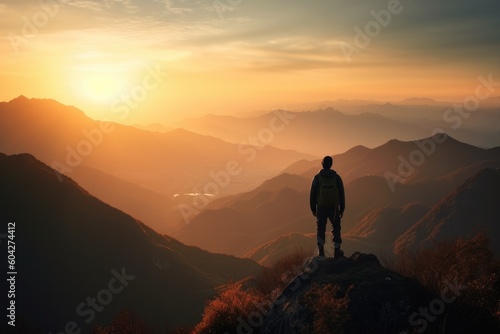 Silhouette of traveler standing on the side mountain peak. Generative AI © Алина Бузунова