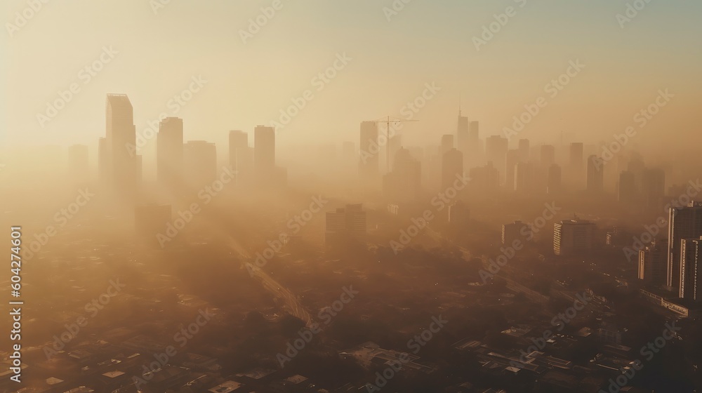 Smog and fine dust of pm2.5 covered city in the morning. Generative AI