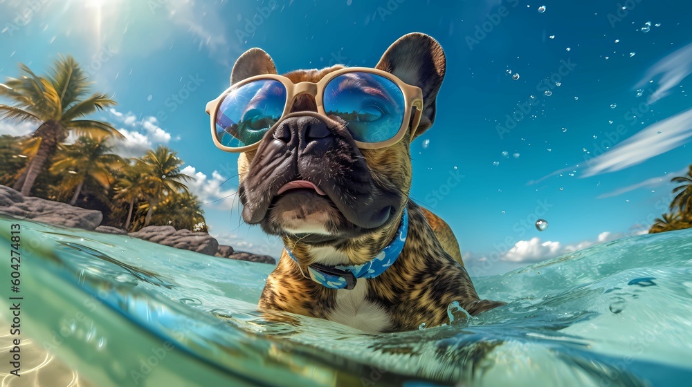 Funny French bulldog in sunglasses swimming in the ocean. Generative AI