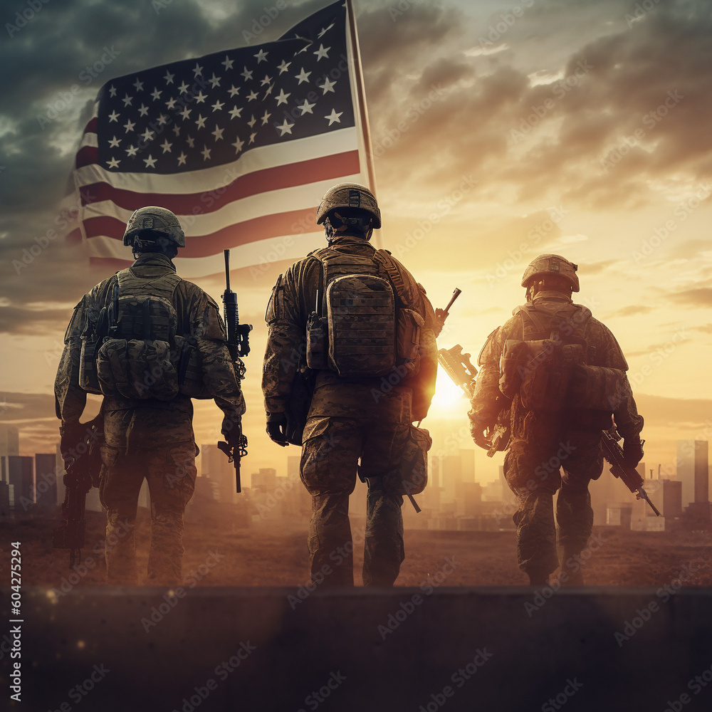 USA Army Soldiers Against a Stunning Sunset or Sunrise with USA Flag - Celebrate Veterans Day, Memorial Day, and Independence Day with this Greeting Card USA Army Soldiers Against a Stunning Sunset or Sunrise with USA Flag - Celebrate Veterans Day, Memorial Day, and Independence Day with this Greeting Card