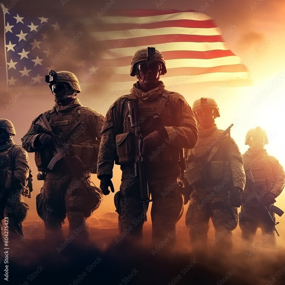 USA Army Soldiers Against a Stunning Sunset or Sunrise with USA Flag - Celebrate Veterans Day, Memorial Day, and Independence Day with this Greeting Card USA Army Soldiers Against a Stunning Sunset or Sunrise with USA Flag - Celebrate Veterans Day, Memorial Day, and Independence Day with this Greeting Card
