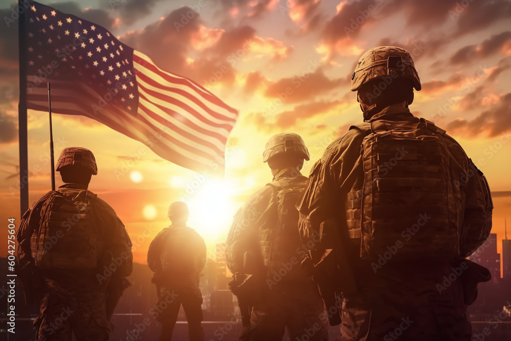 USA Army Soldiers Against a Stunning Sunset or Sunrise with USA Flag - Celebrate Veterans Day, Memorial Day, and Independence Day with this Greeting Card