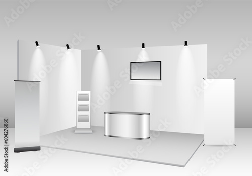 set of realistic trade exhibition stand or white blank exhibition kiosk or stand booth corporate commercial. eps vector