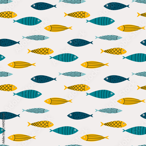 seamless pattern with doodle fishes