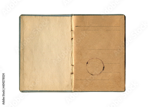 small old notebook with vintage yellow brown paper and antique seal stamp and empty first page open and isolated on white