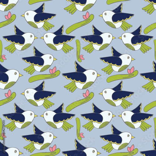 Nightingale seamless pattern with flying birds on a baby blue background