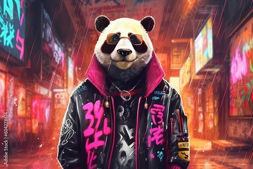 panda pink gangster in neon bar illustration generative ai