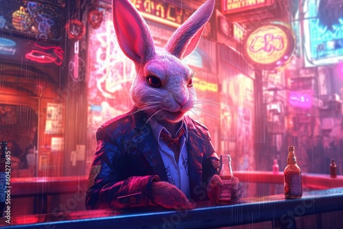 bunny pink gangster in neon bar illustration generative ai