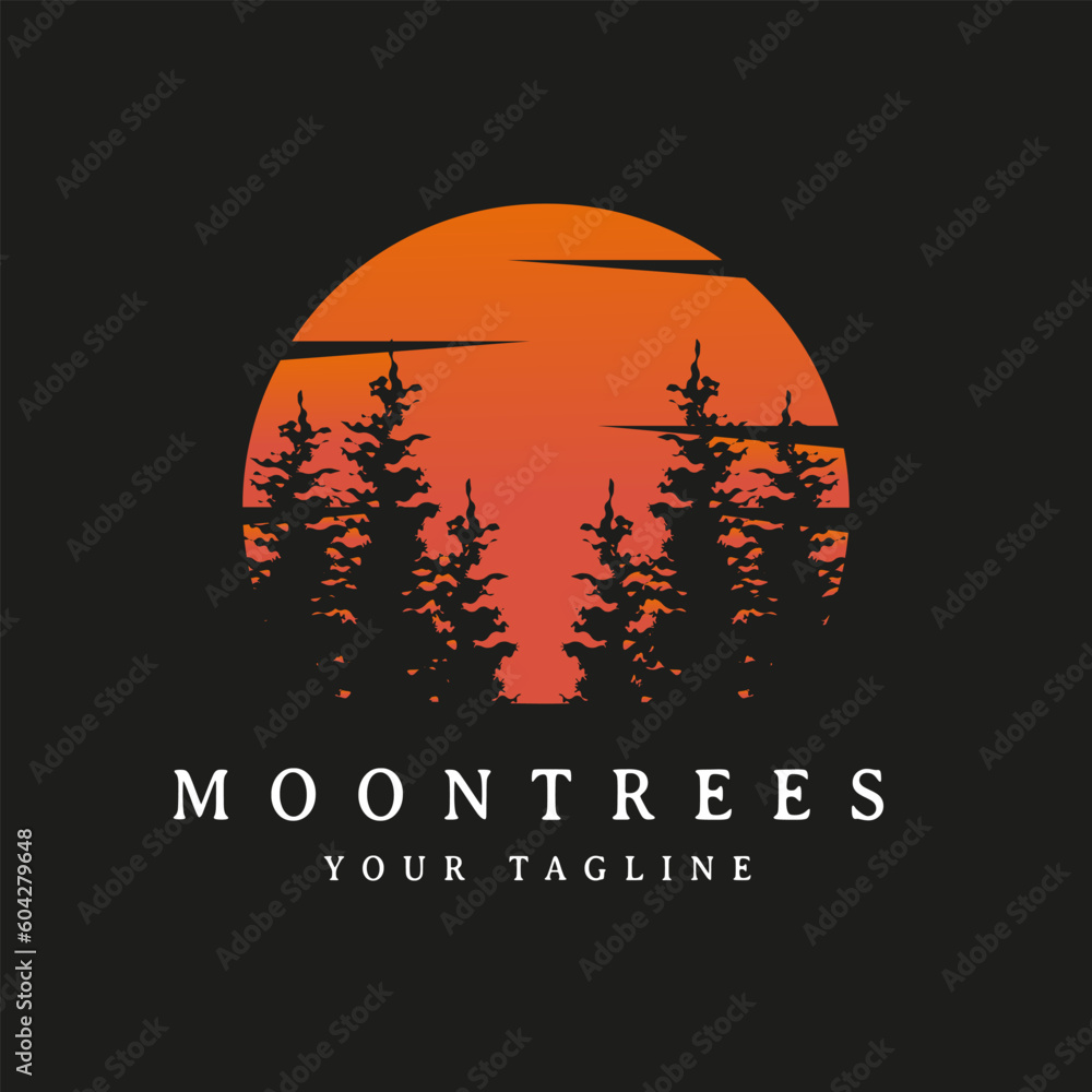 Illustration of sunset view of pine trees with moon and tree silhouette landscape design, dark background.