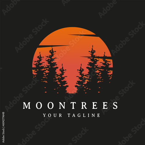 Illustration of sunset view of pine trees with moon and tree silhouette landscape design, dark background. © Ahmad